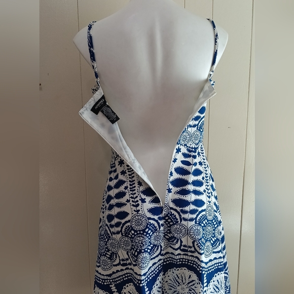 Alyn Paige Sun Dress Sz Small Boutique Blue White Floral Spaghetti Straps Retro - Picture 4 of 9